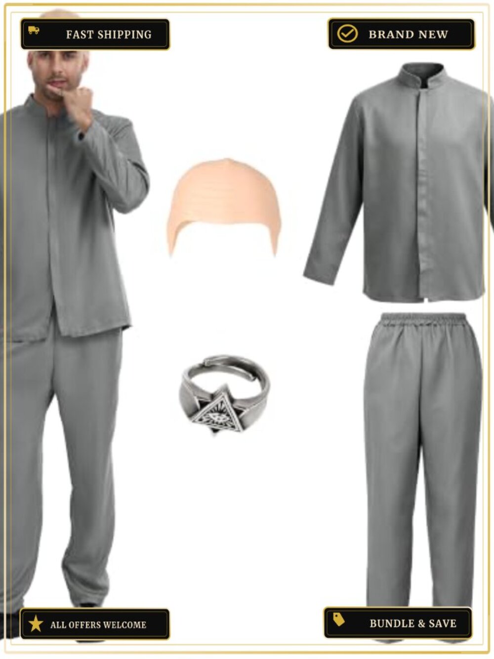 Men's 60s Villain Costume 3-Piece Retro Gray Suit Bald Wig Ring
